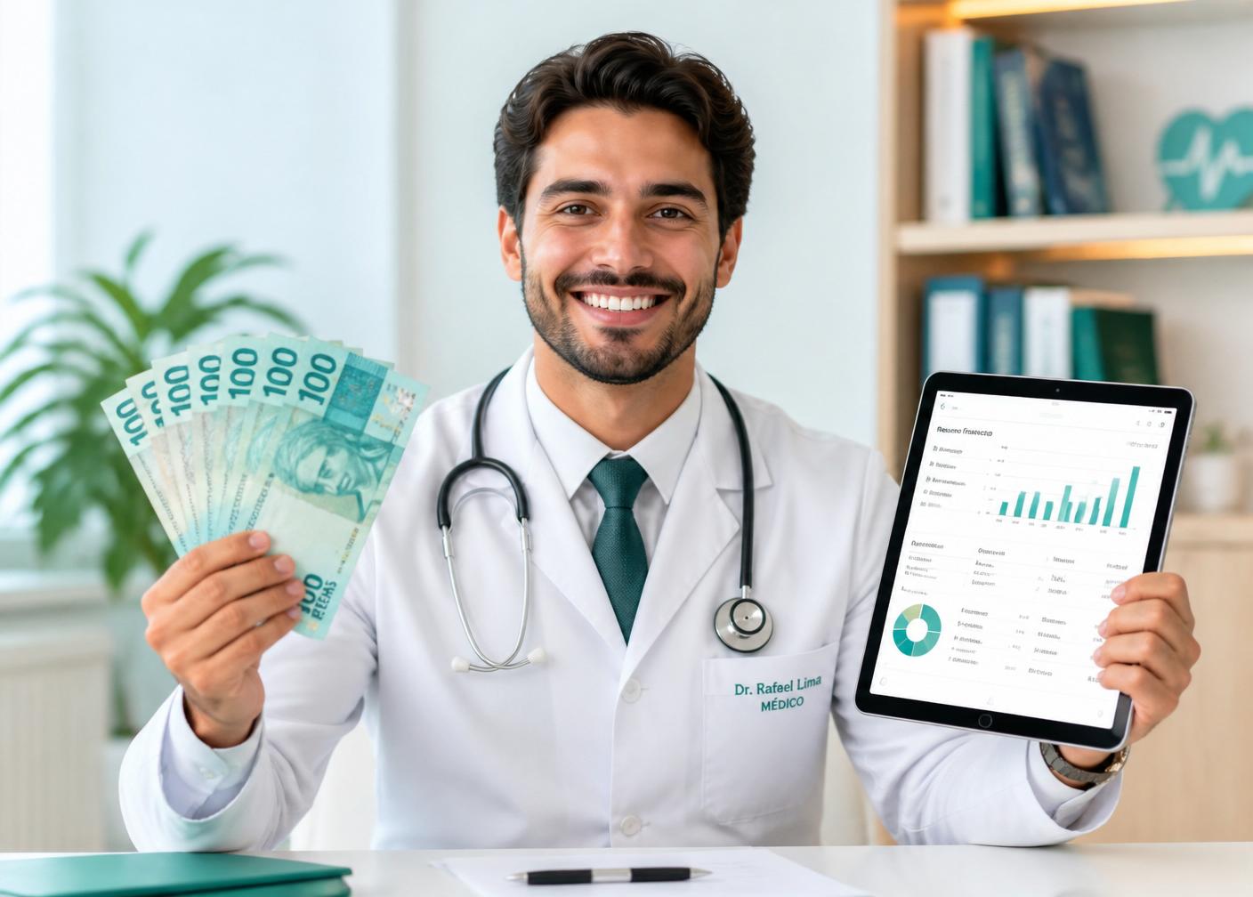 Médico segurando dinheiro e tablet com faturamento aprovado